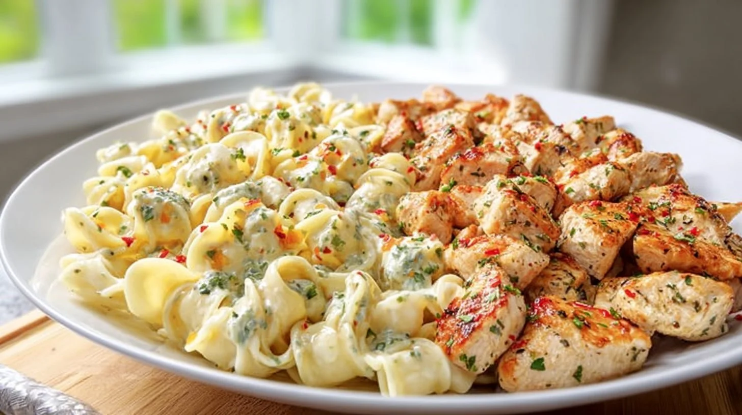Creamy garlic chicken pasta with fresh herbs and parmesan cheese