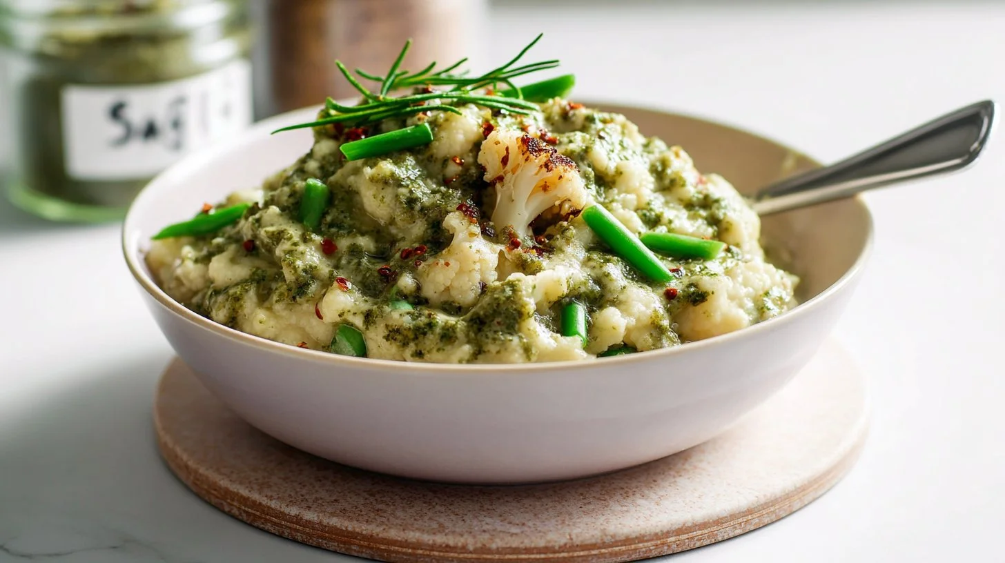 Creamy vegan cauliflower sauce poured over pasta, showcasing a dairy-free dish.