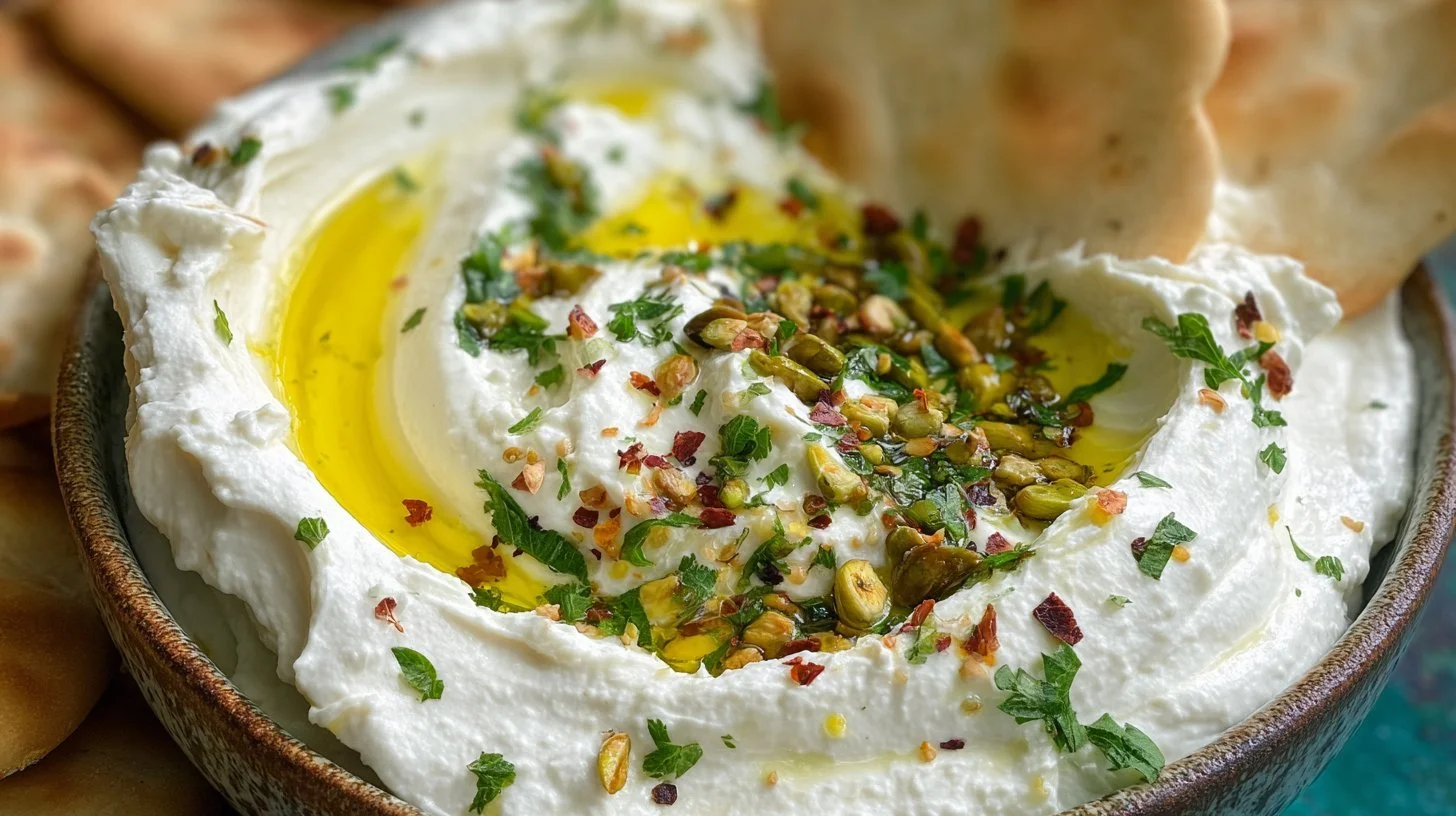 Creamy whipped feta dip served with fresh vegetables and crackers