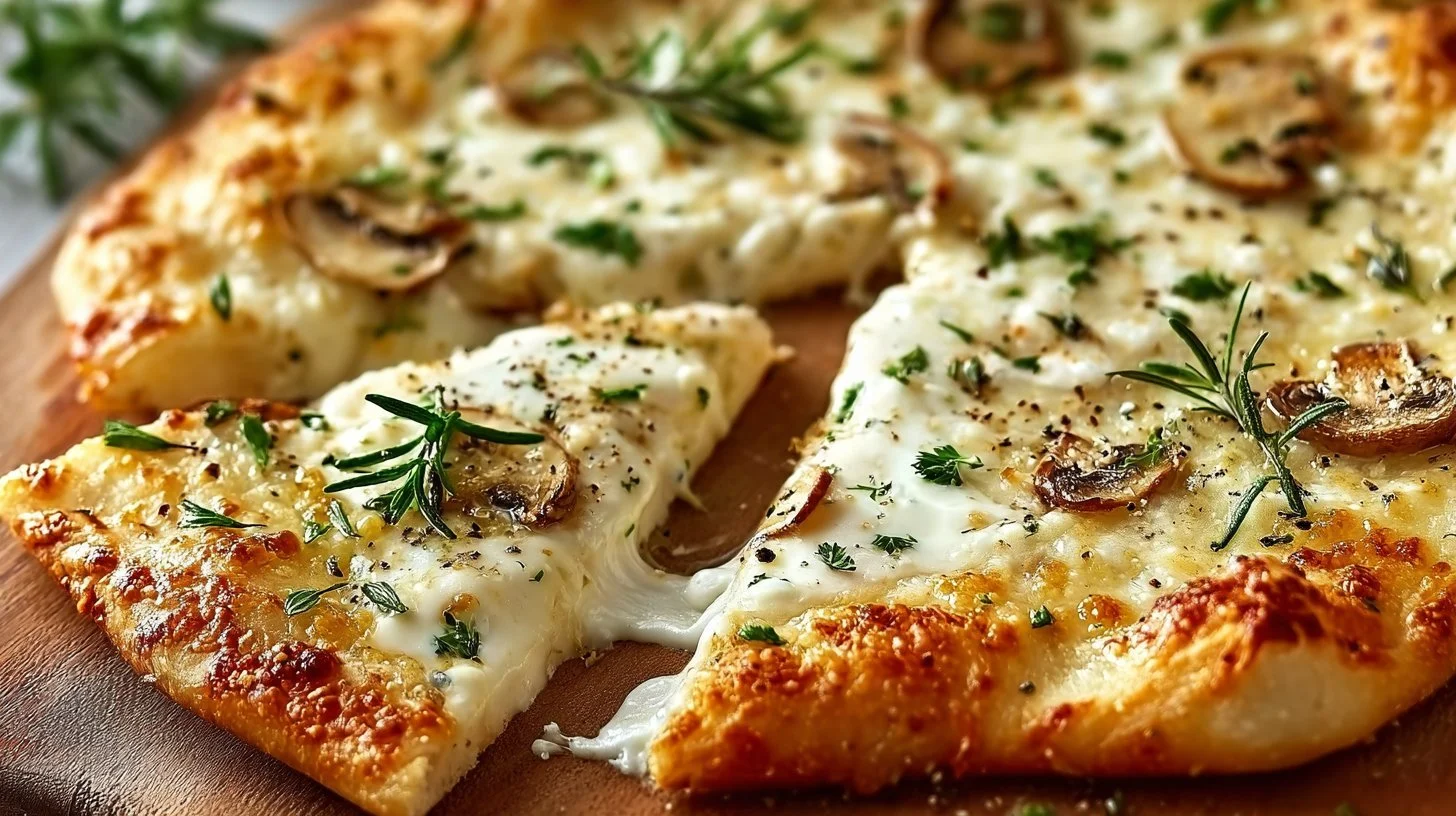 Creamy white garlic pizza sauce on a fresh pizza crust
