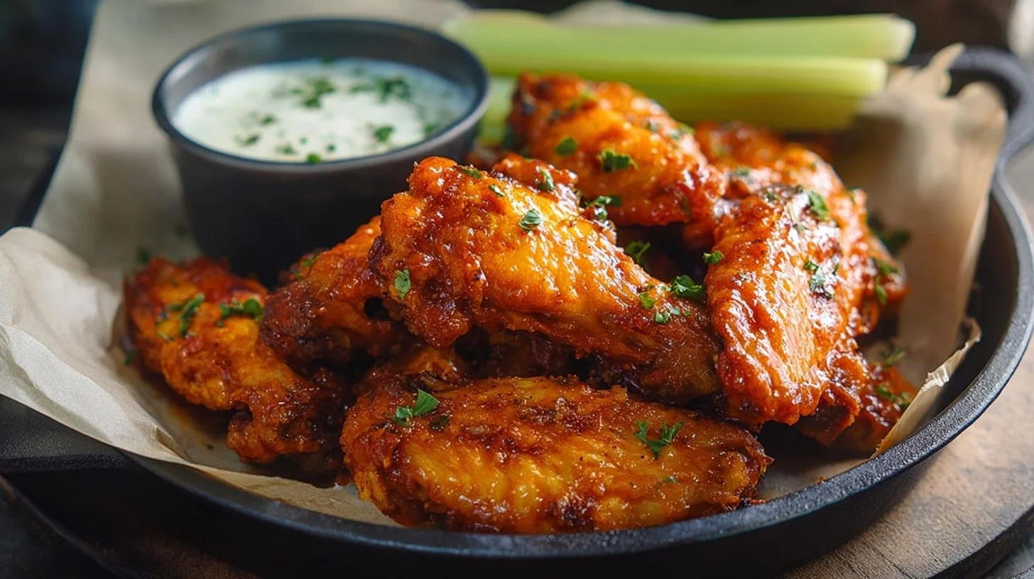 A plate of crispy Buffalo wings garnished with celery and sauce