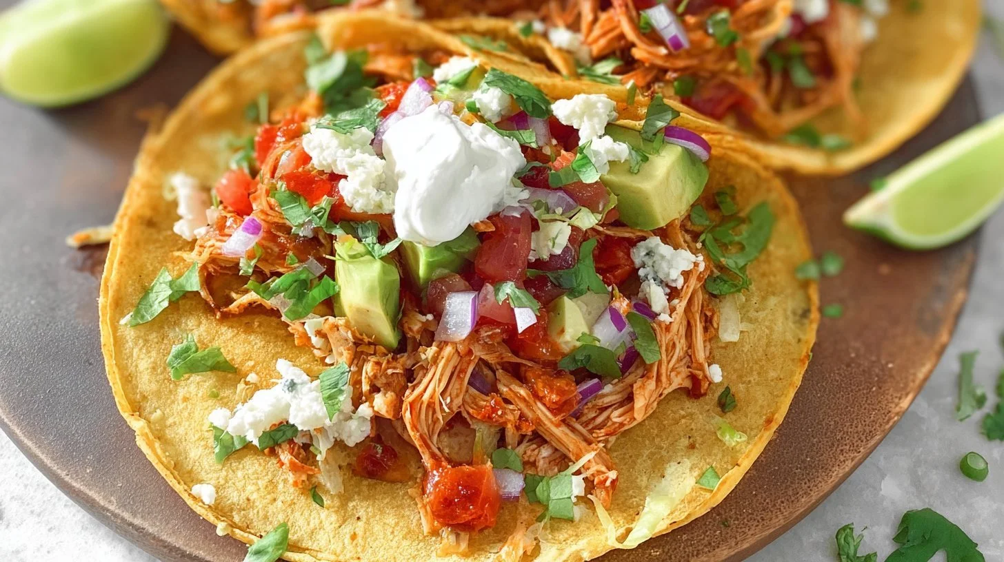Delicious Crock Pot Chicken Tacos served with fresh toppings and sides.