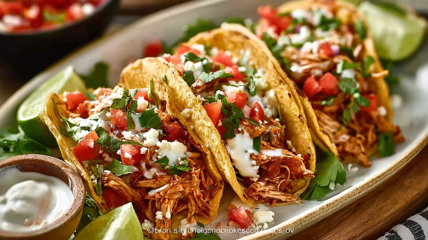 Crockpot chicken tacos served with toppings in a family setting