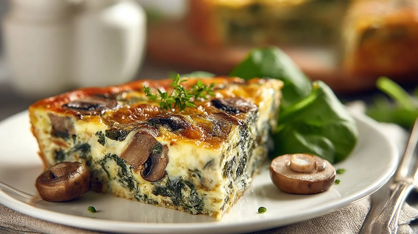 Crustless spinach and mushroom quiche served on a plate