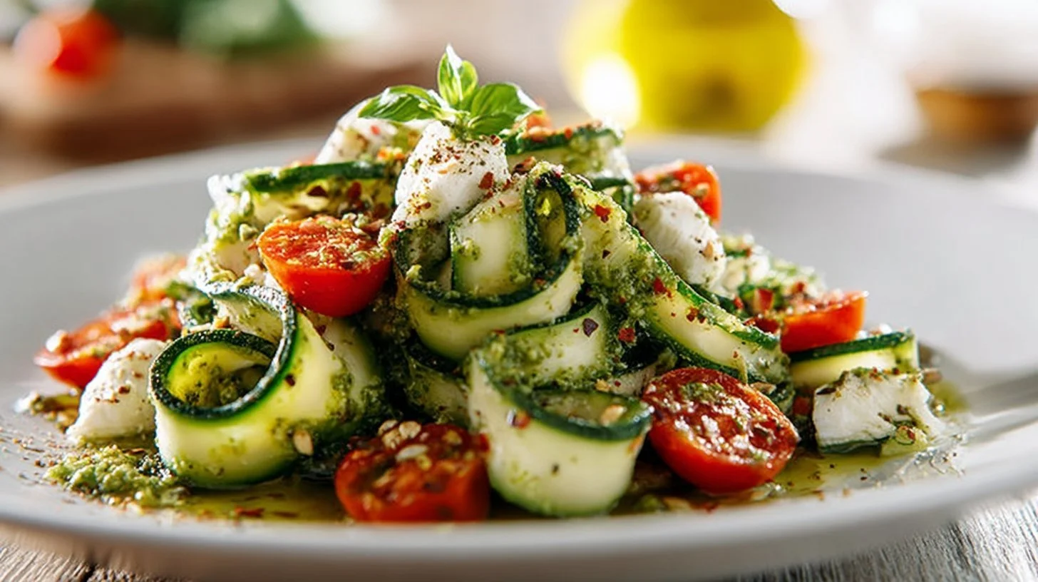 Cucumber Avocado Pesto Salad with fresh ingredients and vibrant colors