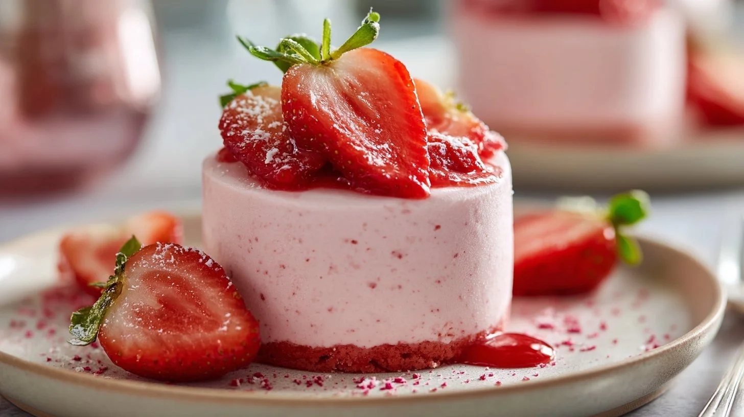 Delicious strawberry mousse served in a glass with fresh strawberries on top