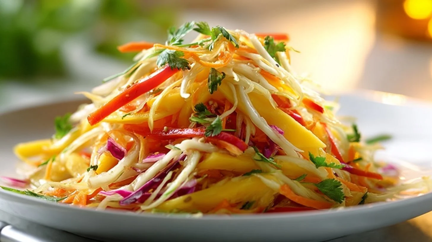 Fresh mango slaw with colorful vegetables in a bowl