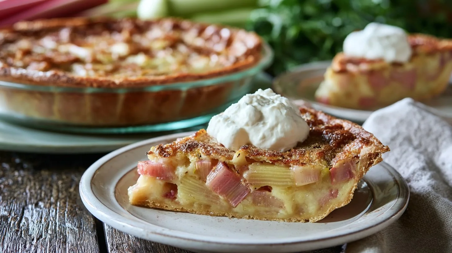 Deliciously baked rhubarb custard pie with a golden crust