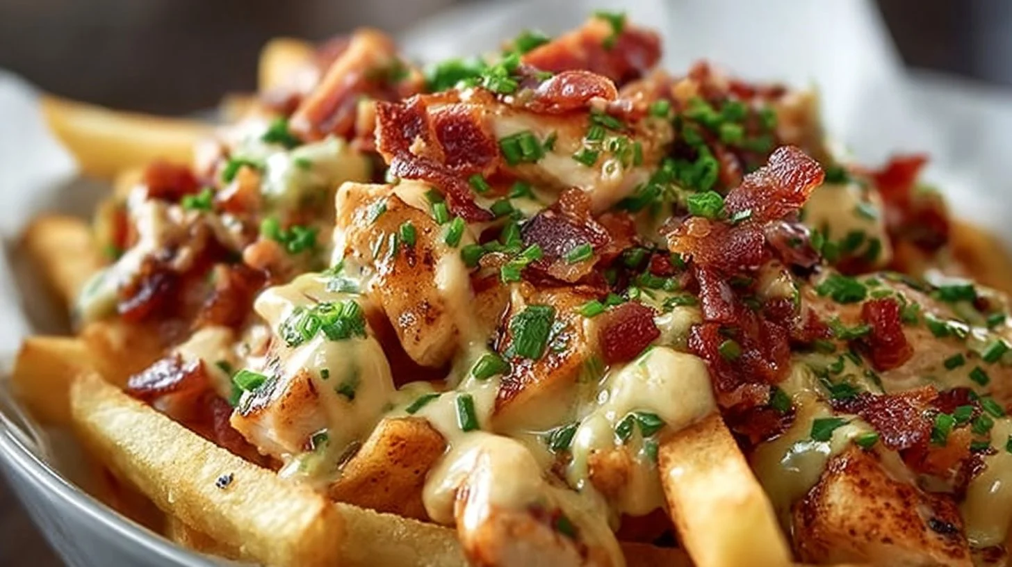 Delicious dirty chicken and bacon loaded fries served on game day platter.