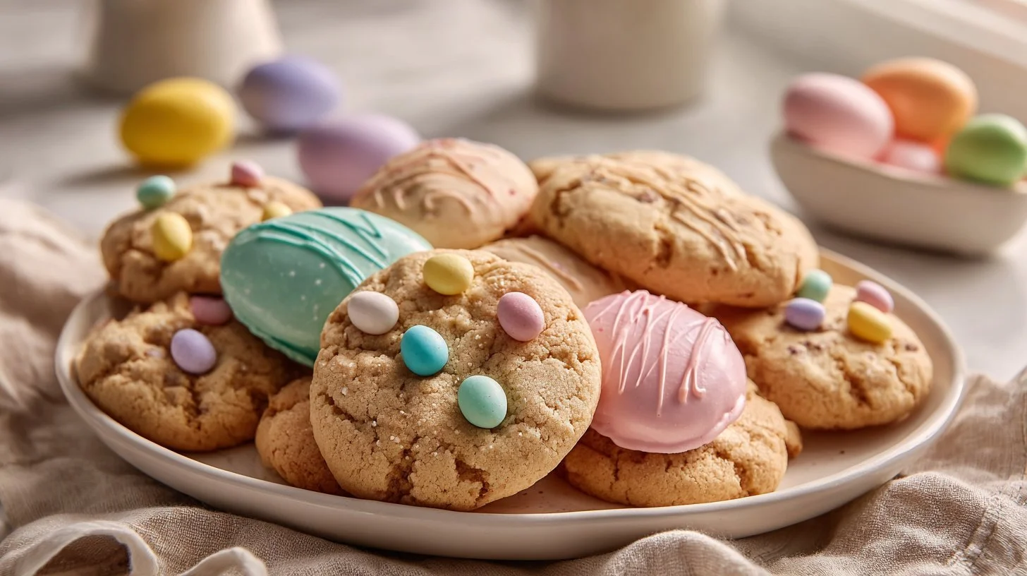 Decorative Easter cookies in various shapes and colors for spring celebrations.