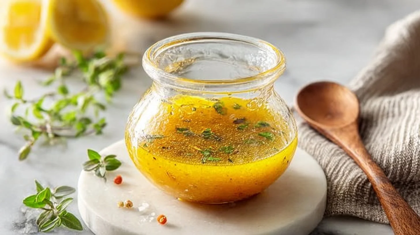 Bowl of easy and flavorful lemon vinaigrette drizzled over fresh salad