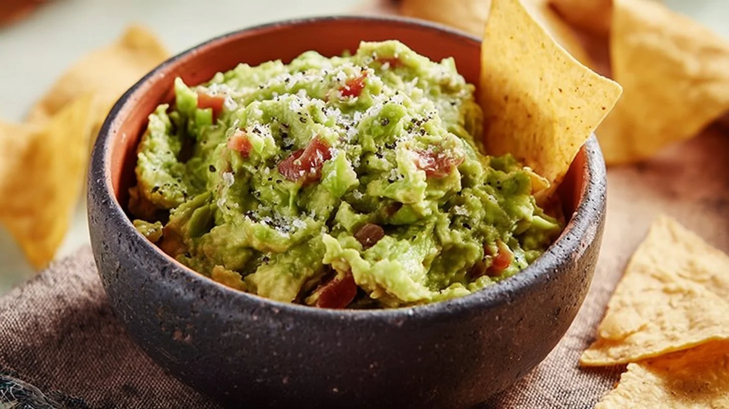 Bowl of easy guacamole with fresh ingredients ready for dipping