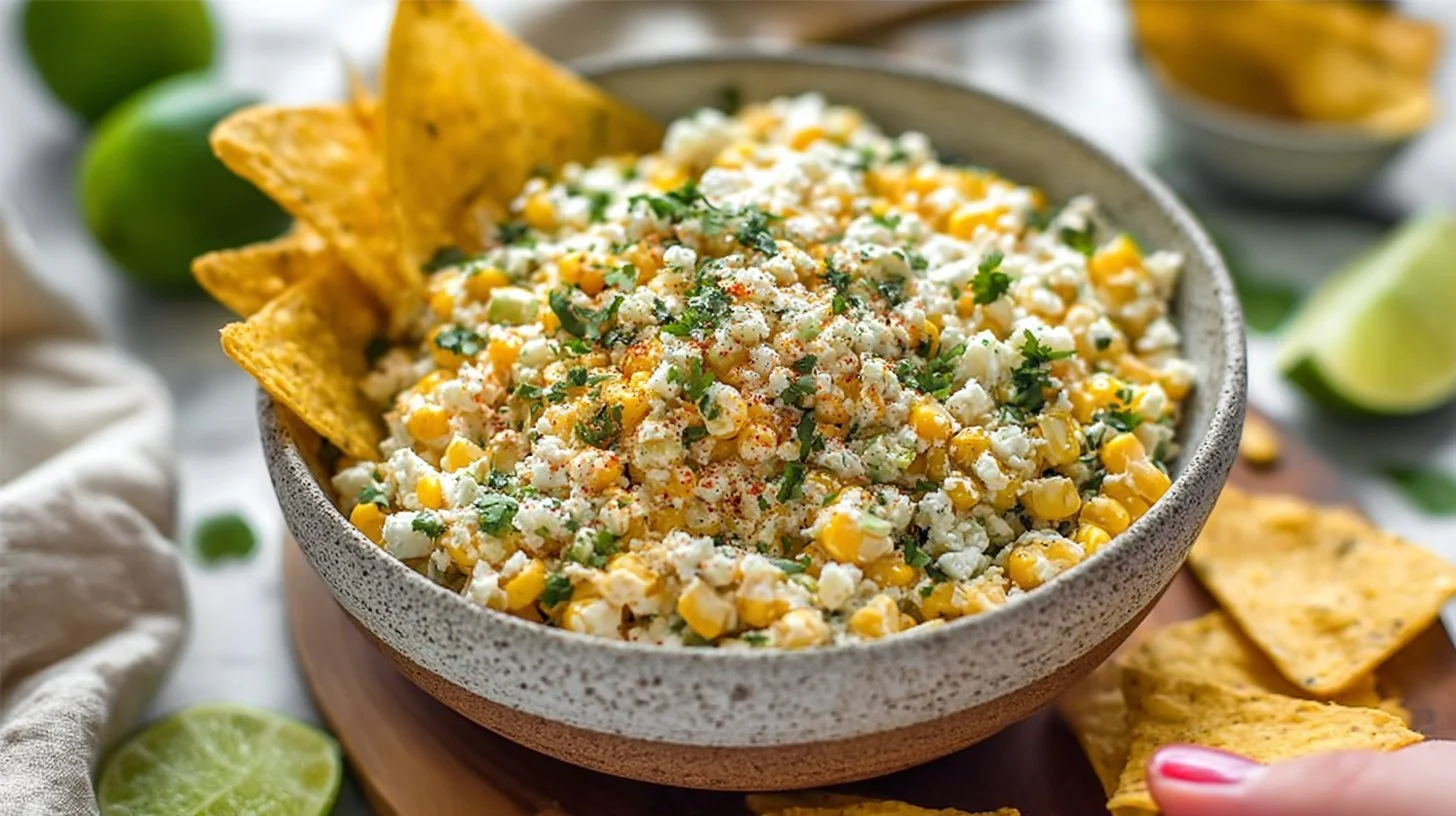 Delicious Easy Mexican Street Corn Dip served in a bowl with toppings