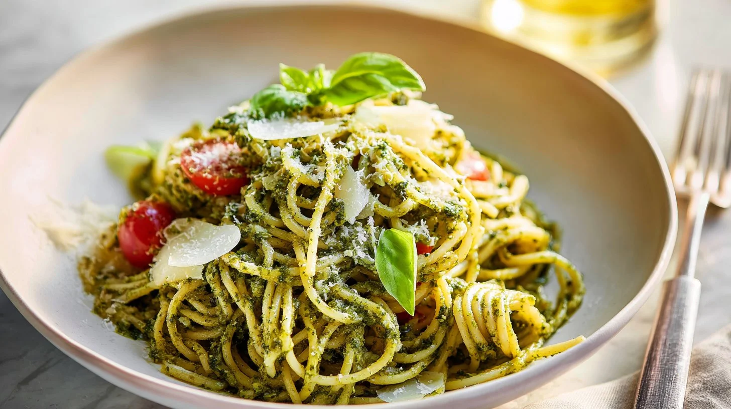 A bowl of easy pesto pasta topped with fresh basil and parmesan cheese.