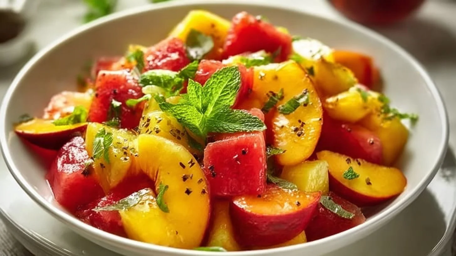 Easy summer peach salad with fresh fruits in a bowl