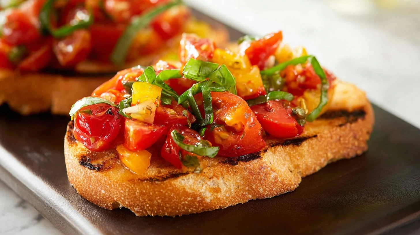 Delicious Tomato Bruschetta appetizer garnished with fresh basil.