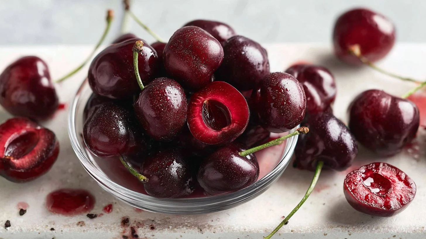 Techniques for cherry pitting without a pitter, fresh cherries in the background.