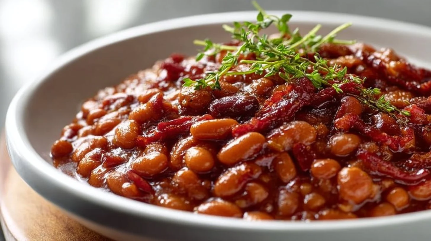 A bowl of favorite baked beans displayed as a comfort food classic.