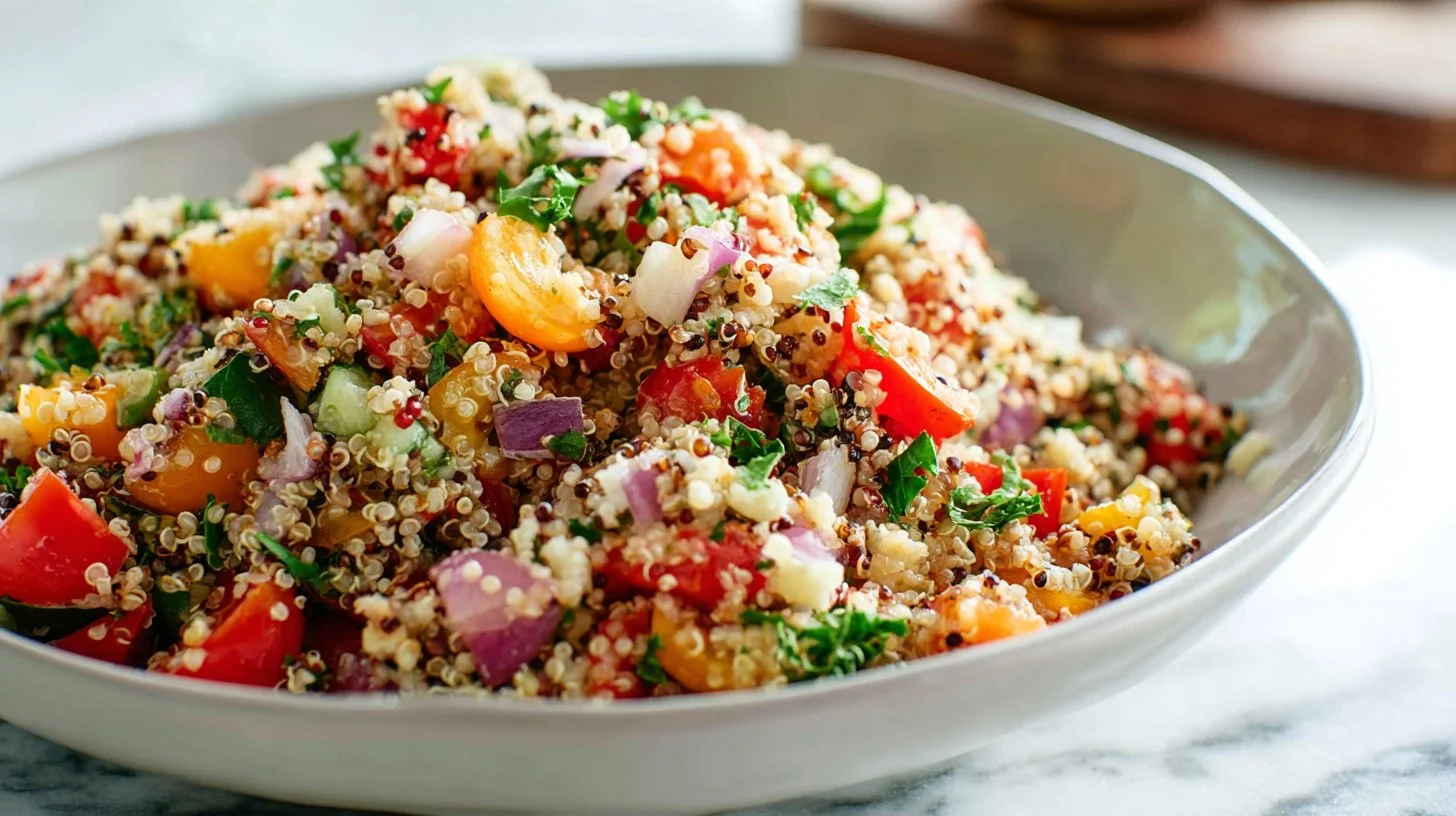 Bowl of colorful quinoa salad with fresh vegetables and herbs