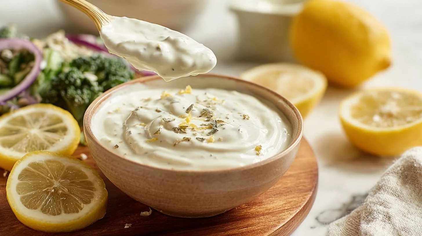 Creamy lemon Greek yogurt dressing served in a bowl with fresh herbs