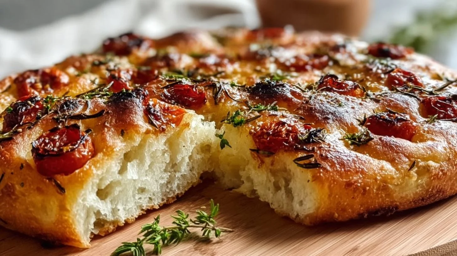 Freshly baked fluffy homemade focaccia bread with herbs
