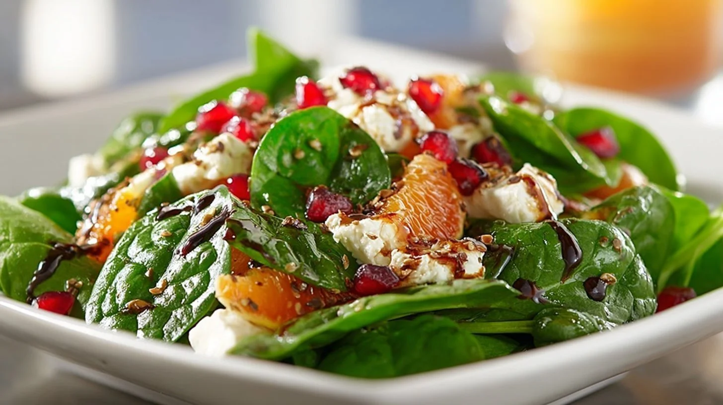 A vibrant fresh spinach salad topped with colorful vegetables and dressing.