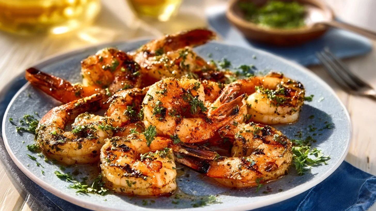 Delicious garlic butter grilled shrimp on a platter.
