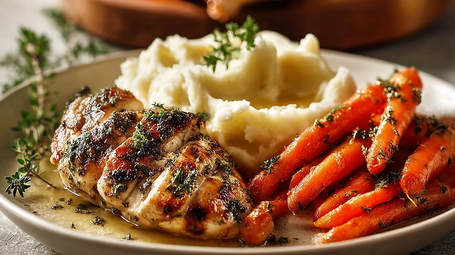 Delicious Garlic Herb Chicken plated with mashed potatoes and glazed carrots