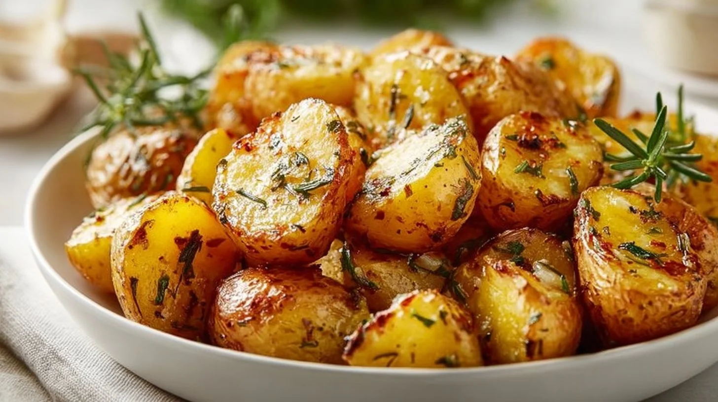 Delicious garlic herb roasted potatoes served as a side dish