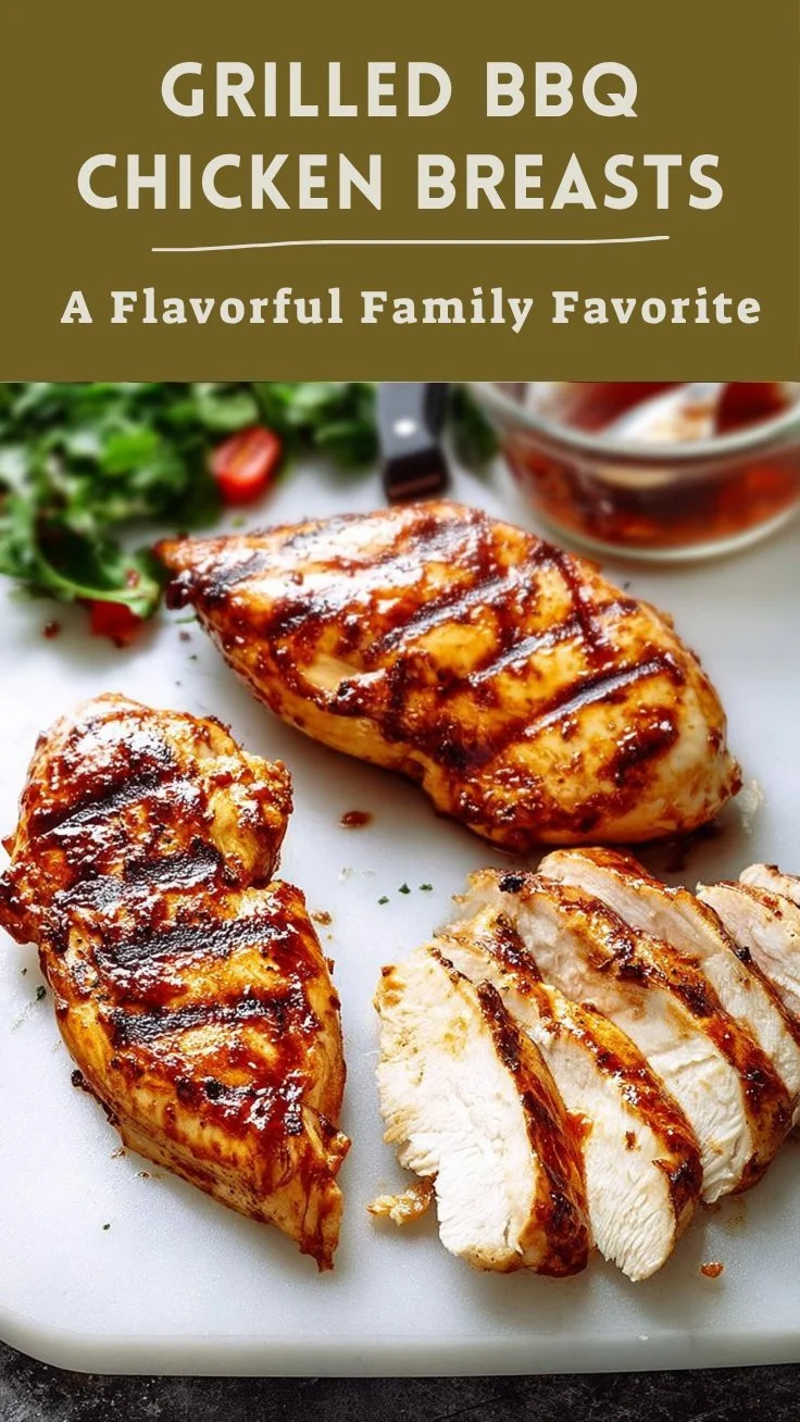 Delicious grilled BBQ chicken breasts served on a summer barbecue platter