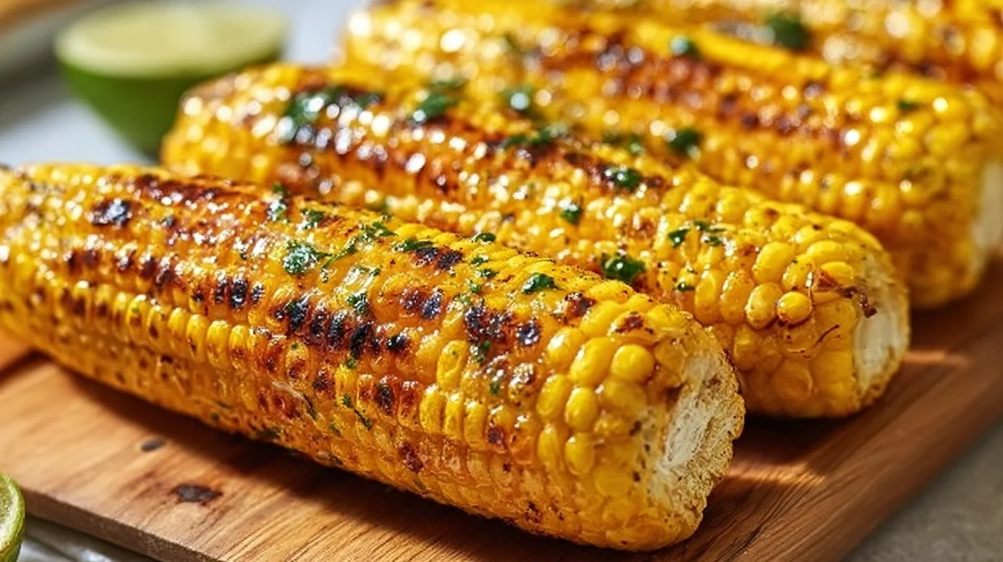 Grilled corn on the cob served with butter and herbs, perfect summer dish.