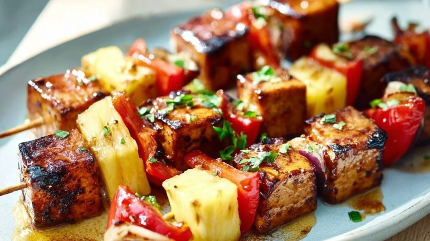 Grilled teriyaki tofu skewers with fresh pineapple on a plate