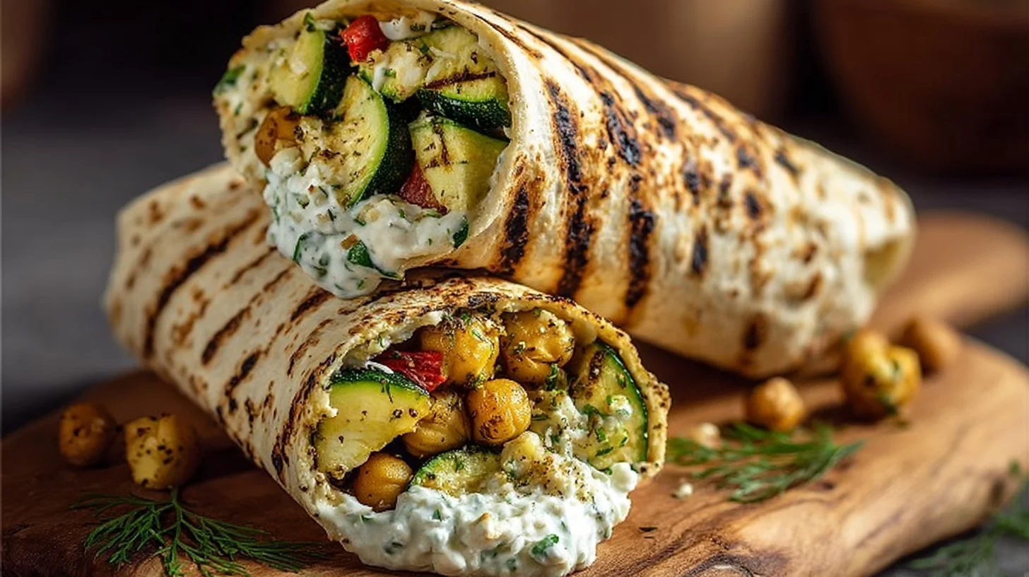 Grilled zucchini and feta chickpea wrap with herbed yogurt on a plate
