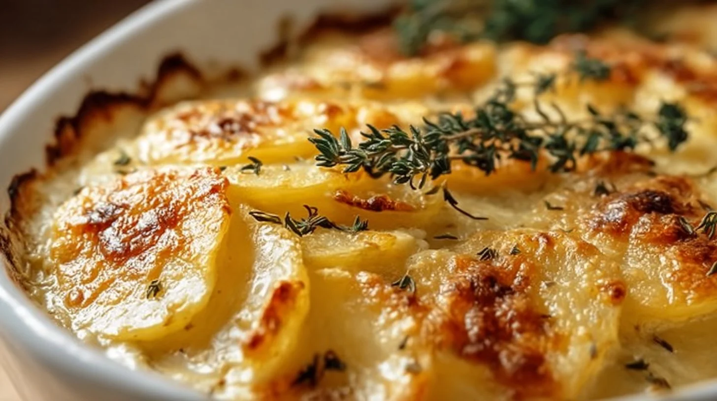 Delicious Gruyère and Thyme scalloped potatoes in a creamy dish.