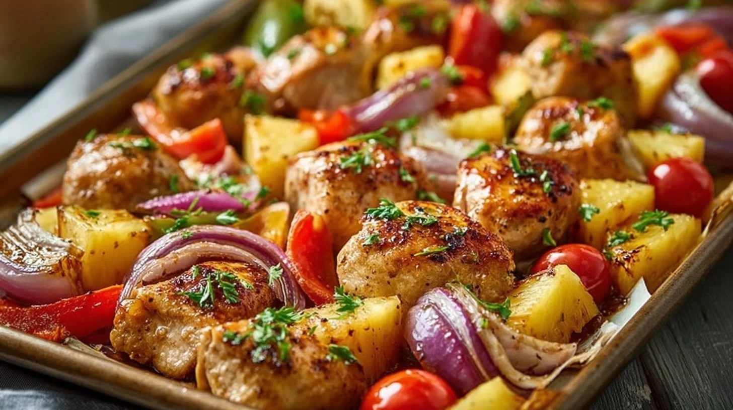Hawaiian Chicken Sheet Pan featuring colorful vegetables and pineapple slices