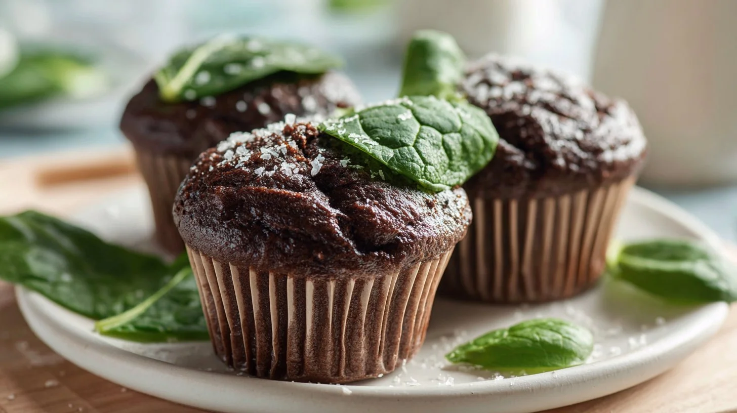 Baked chocolate-spinach muffins on a cooling rack, healthy snack option.