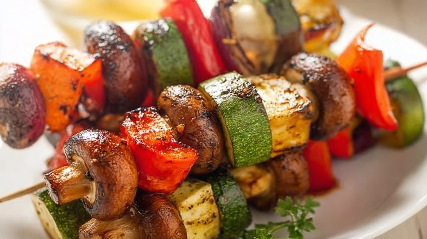 Colorful assortment of vegetable kebabs on skewers, grilled to perfection.