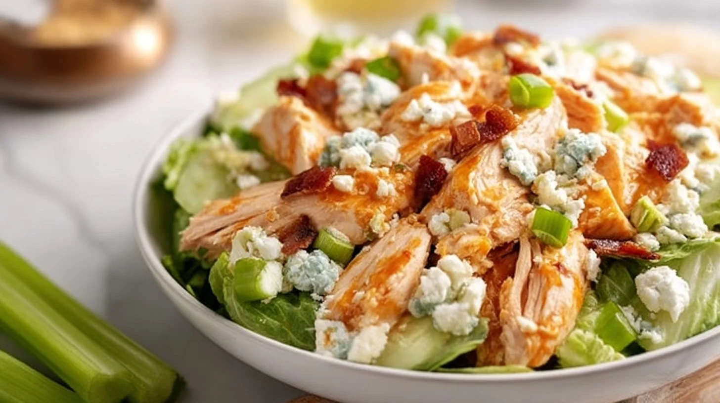 High protein buffalo chicken salad with fresh ingredients and a spicy dressing.