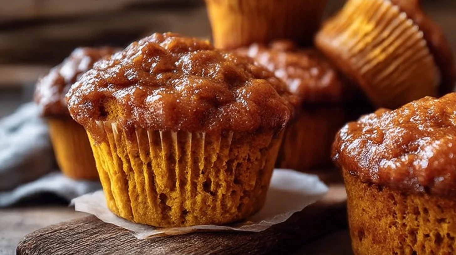 High-protein pumpkin muffins topped with spices and nuts on a wooden table