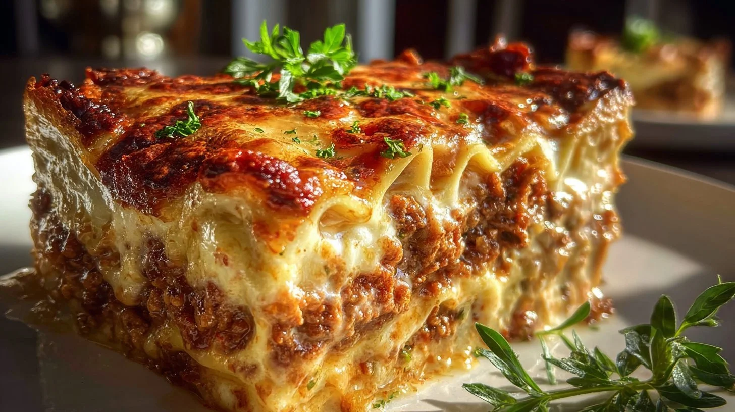 A delicious homemade lasagna fresh out of the oven, layered with cheese and sauce.
