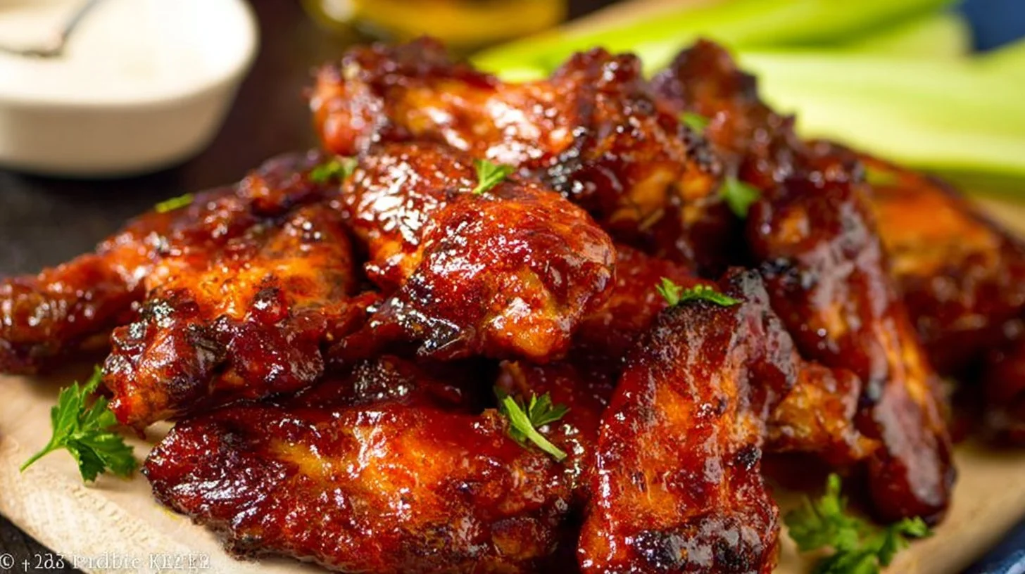 Golden honey BBQ chicken wings on a platter garnished with herbs.