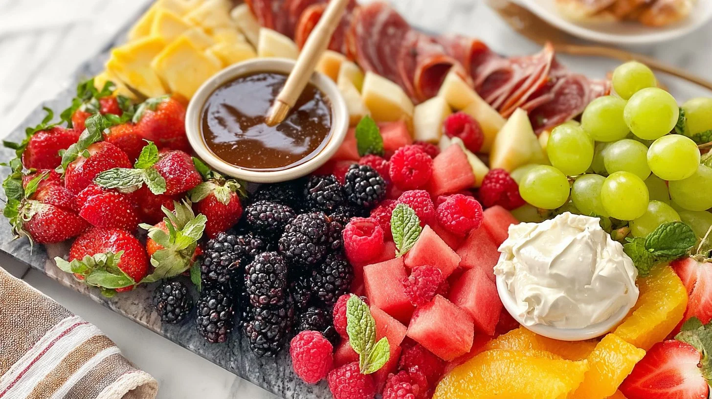 Colorful fruit charcuterie board with honey-glazed fruit salad.