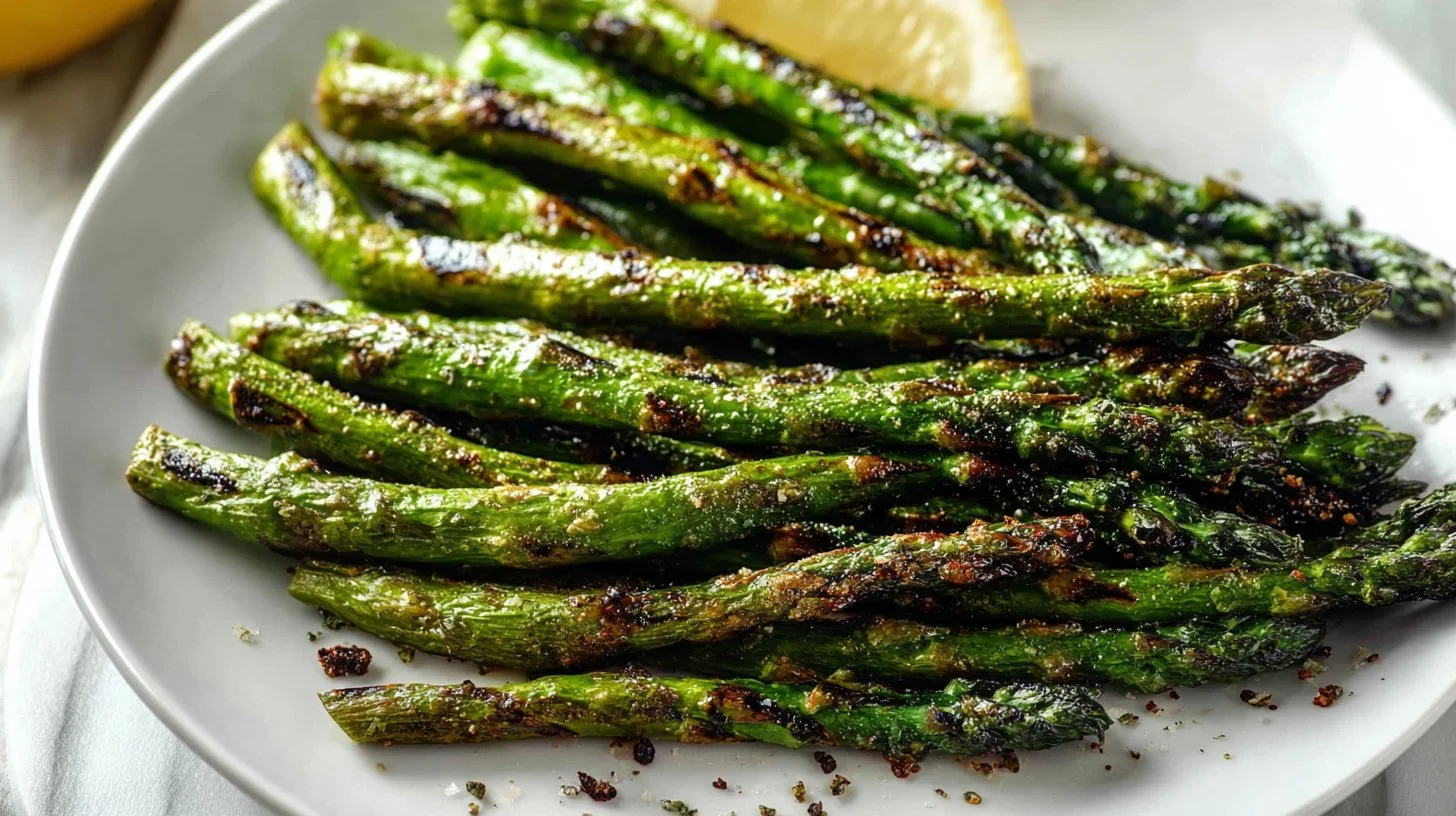 Grilled asparagus garnished with a lemon slice on a plate.