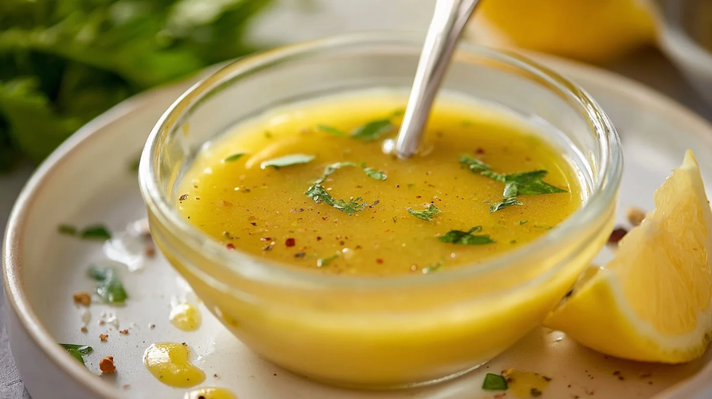 Bottle of homemade lemon-Dijon dressing with fresh lemons and herbs