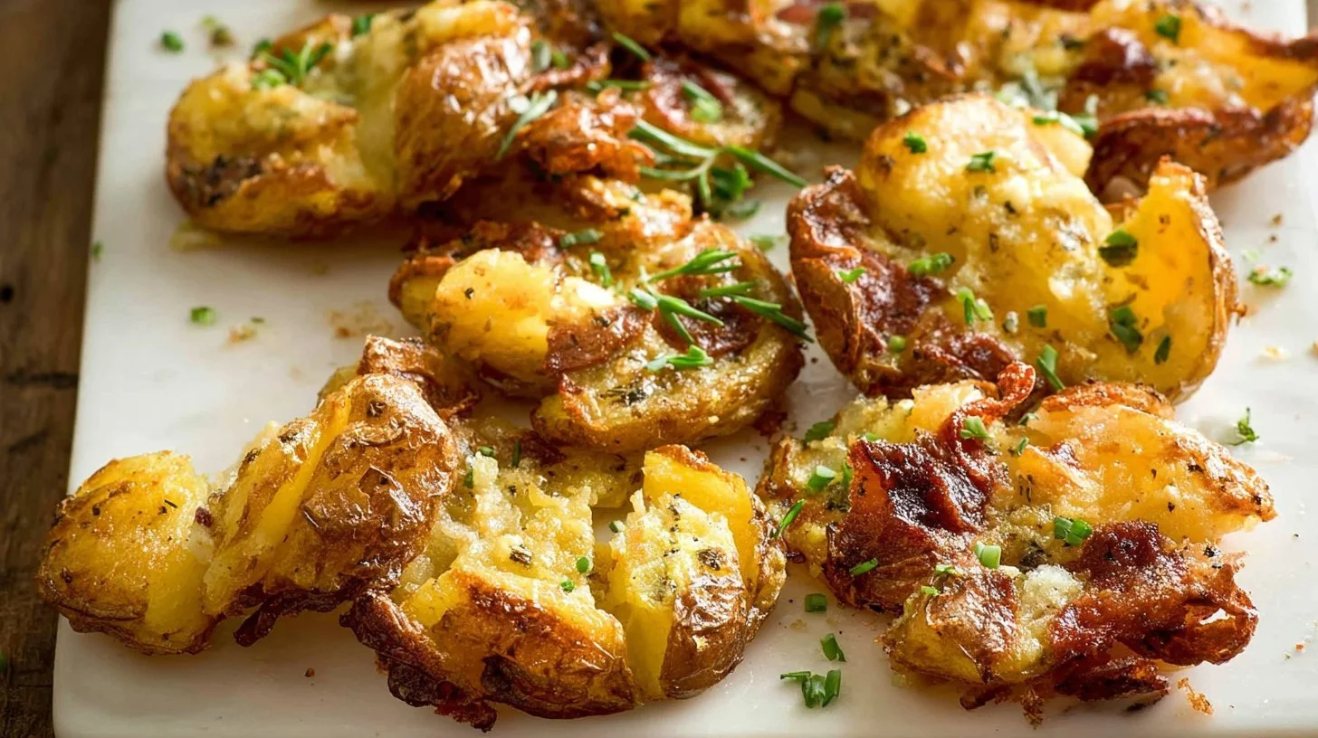 Crispy smashed potatoes on a plate with herbs and seasoning