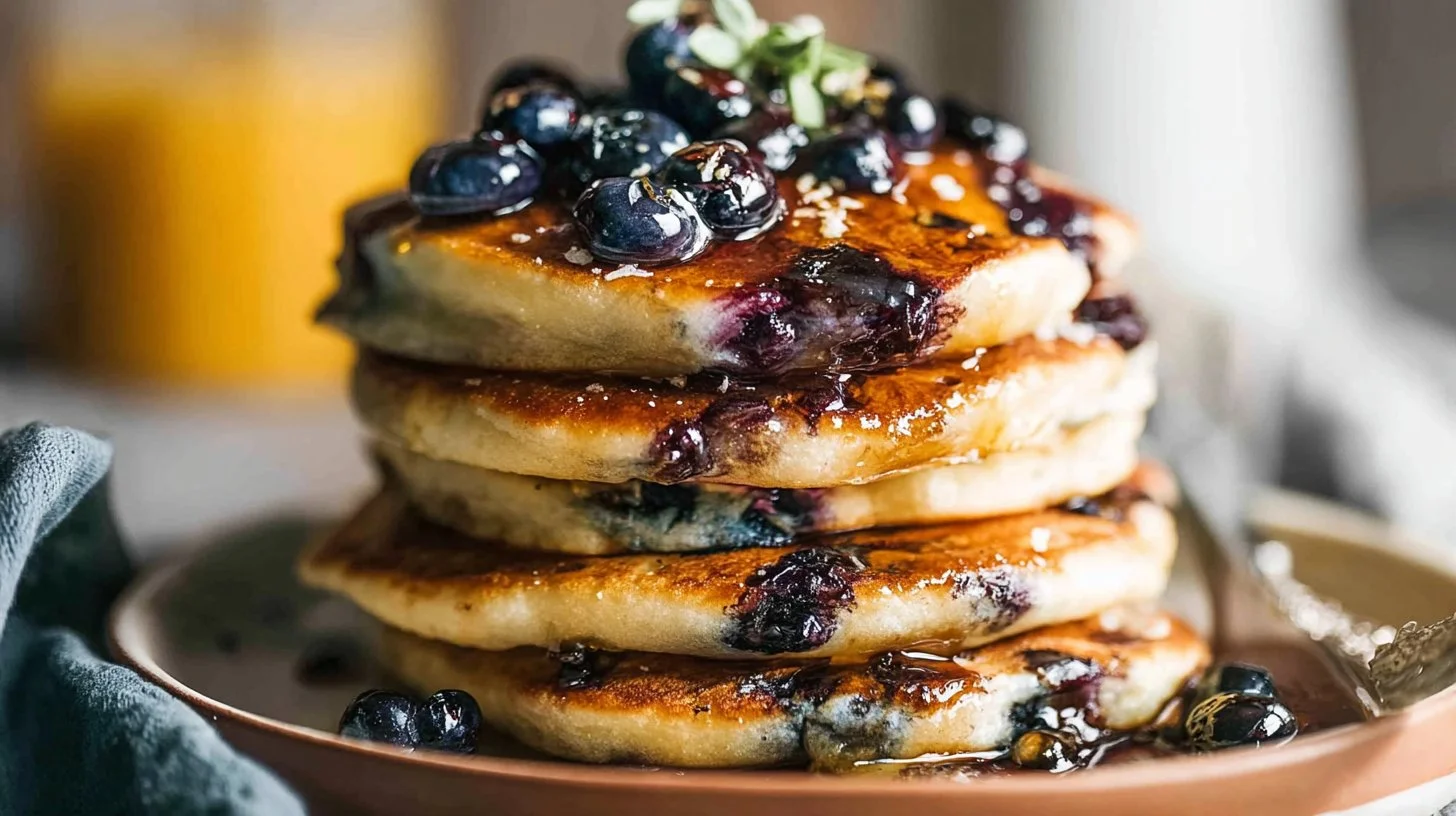 Stack of fluffy blueberry pancakes with fresh blueberries and syrup