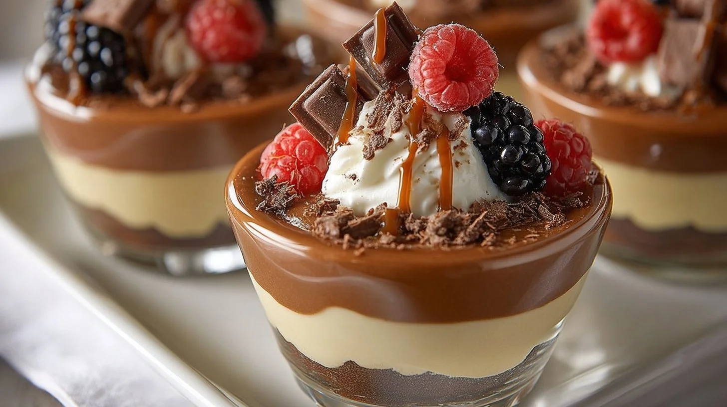 Various international flavors of dessert cups arranged beautifully
