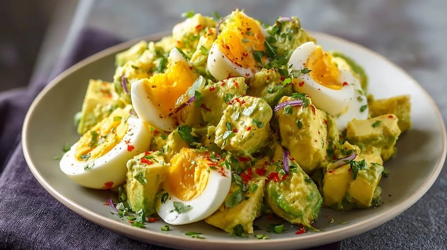 Keto Avocado Egg Salad served in a bowl, garnished with herbs.