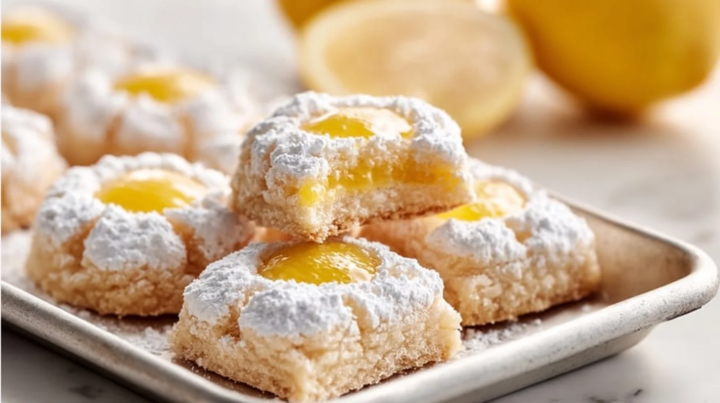 Delicious lemon bar cookies on a plate with a zesty lemon garnish.