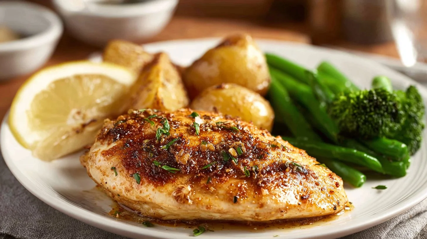 Delicious lemon garlic chicken garnished with fresh herbs on a plate